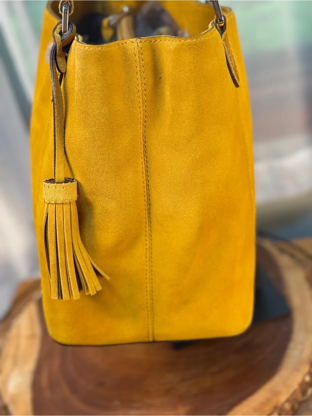 Lauren Ralph Lauren Suede Bucket Hobo Shoulder Bag in Mustard Yellow